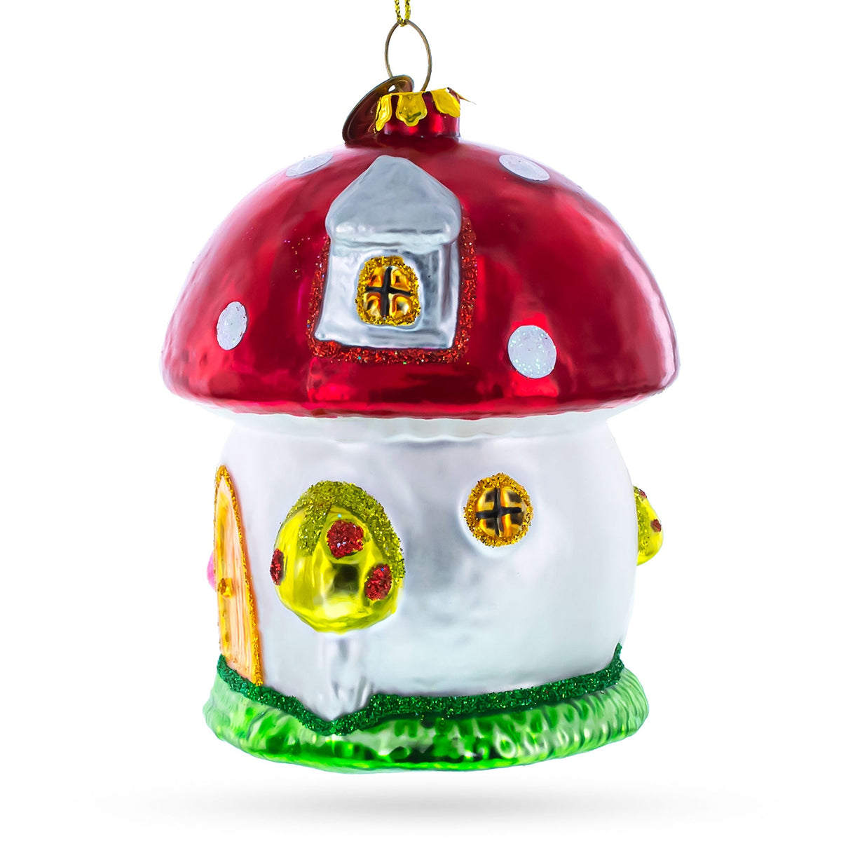 Fairy Tale Mushroom House Glass Christmas Ornament