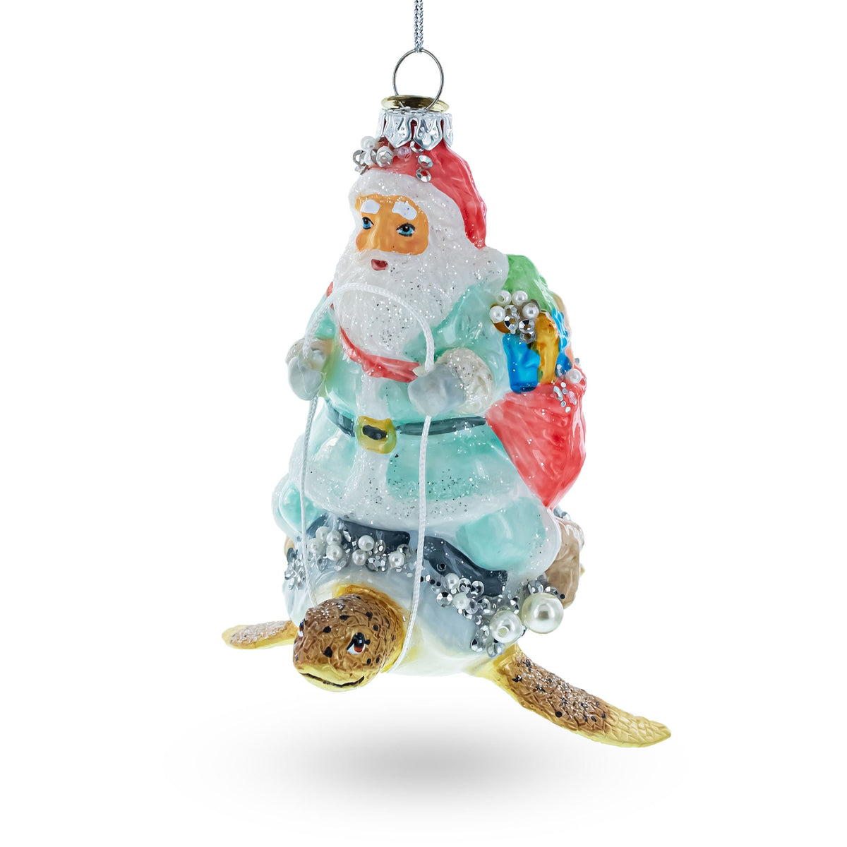 Santa Riding Turtle Glass Christmas Ornament
