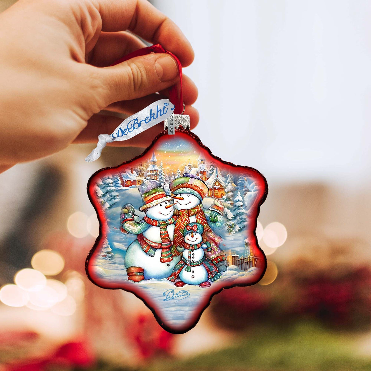 Cheerful Snowmen Snowflake Glass Ornament by G. Debrekht - Christmas Santa Snowman Decor - 754-046