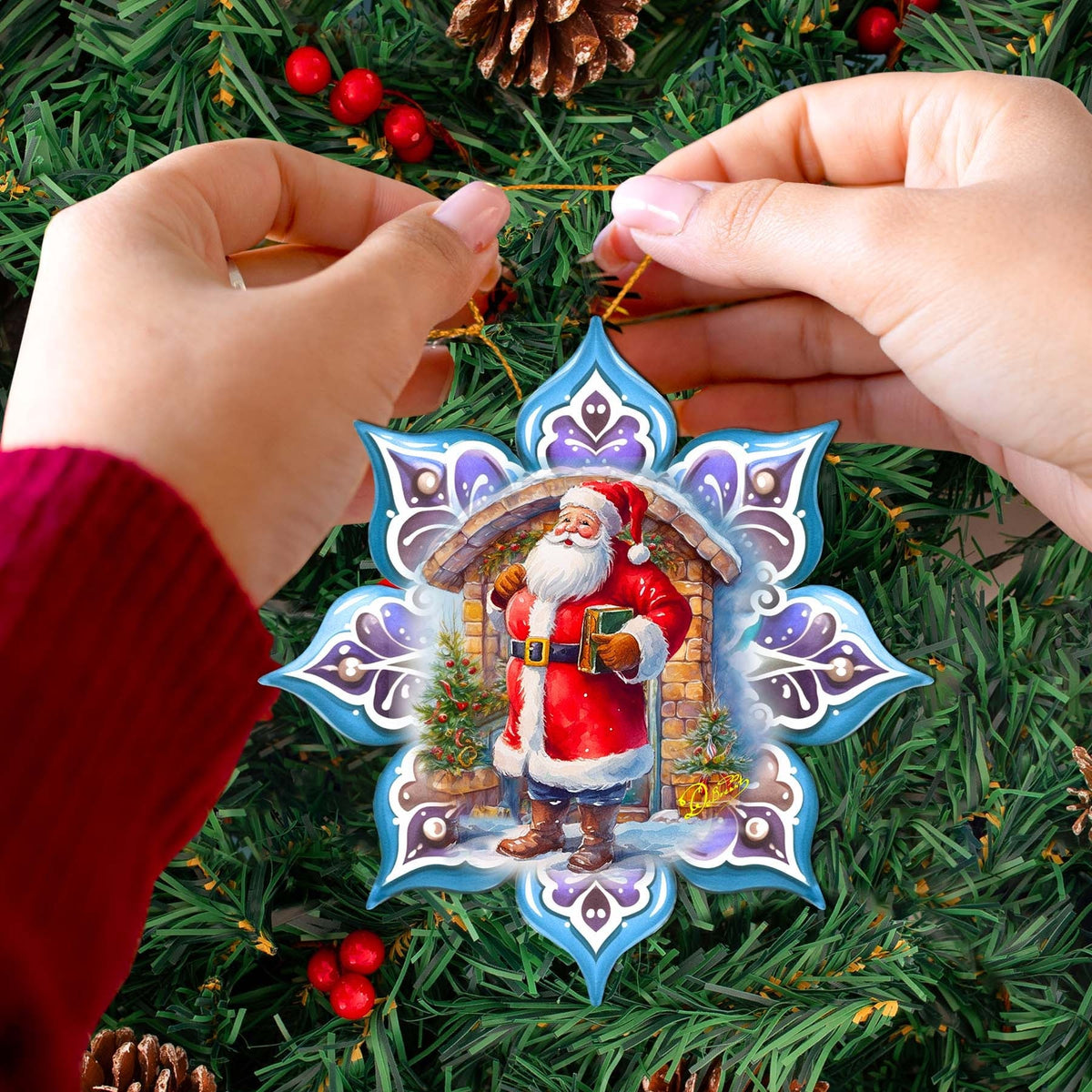 Santa with Book Snowflake Wooden Ornaments by G. Debrekht - Christmas Santa Snowman Decor - 8688420