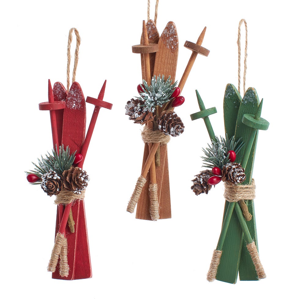 Wooden Skis With Holiday Décor Ornament -