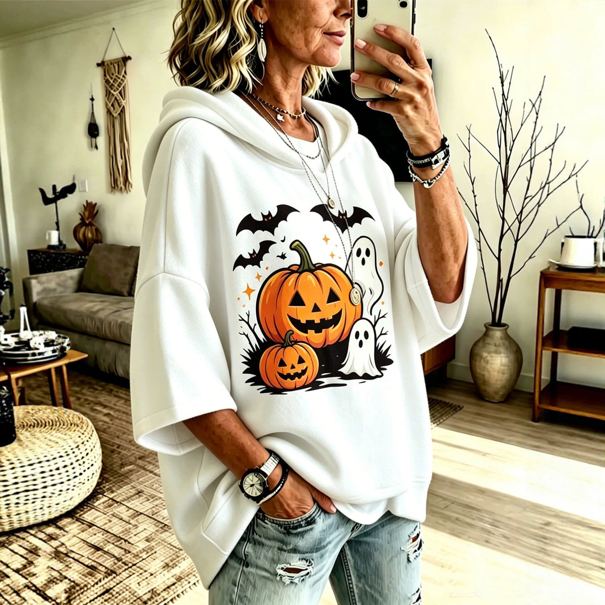 Digital-print Halloween Casual Loose-fit Hooded Sweatshirt
