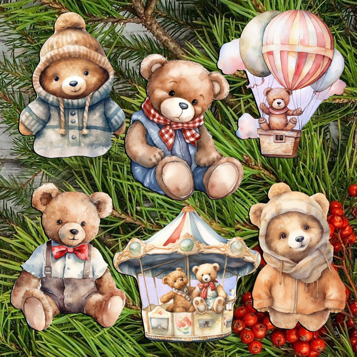 Teddy Bear Clip-On Eco Wood Decorative Ornaments Set of 6 by G. Debrekht - Christmas Decor - 8090025C-S6