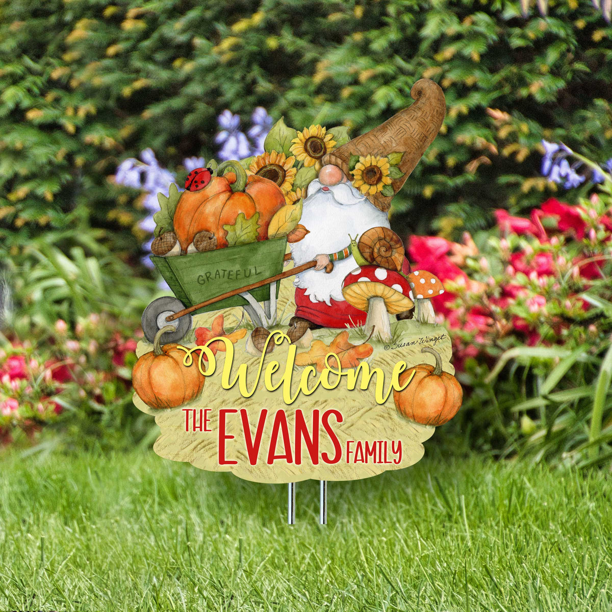 Personalized Outdoor Garden Stakes Fall Decoration - Custom Harvest Gnome Welcome Sign - Wheelbarrow Cornucopia - Handmade Gift - Thanksgiving Decor by Susan Winget - 8471207MC-SW