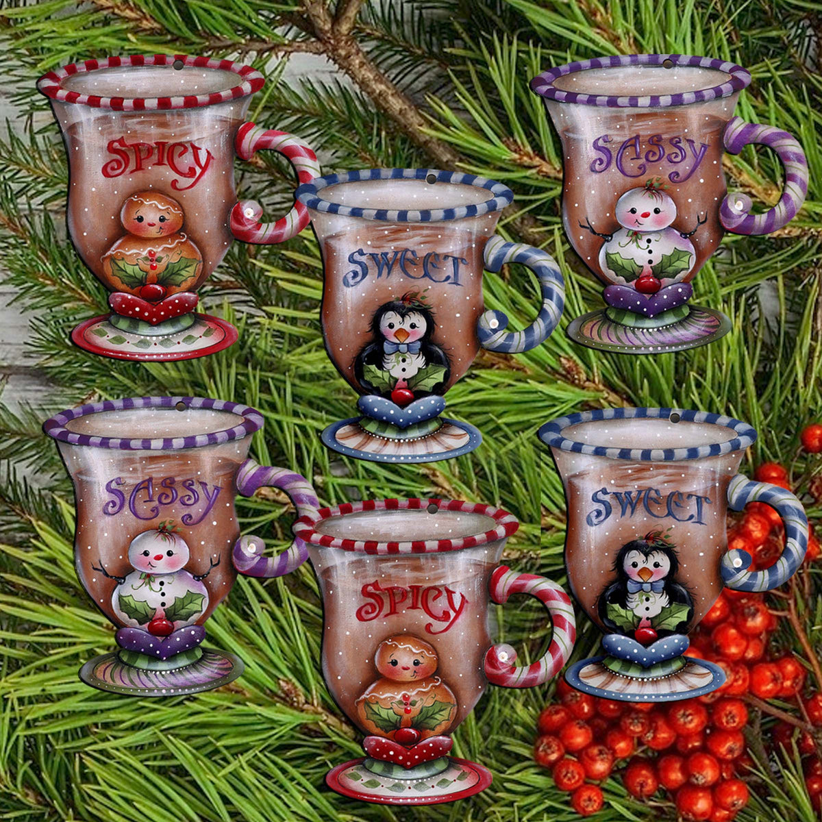 Sweet and Spicy Season Clip-On Eco Wood Decorative Ornaments Set of 6 by Jamie Mills-Price - Christmas Decor - 8090053C-MP-S6