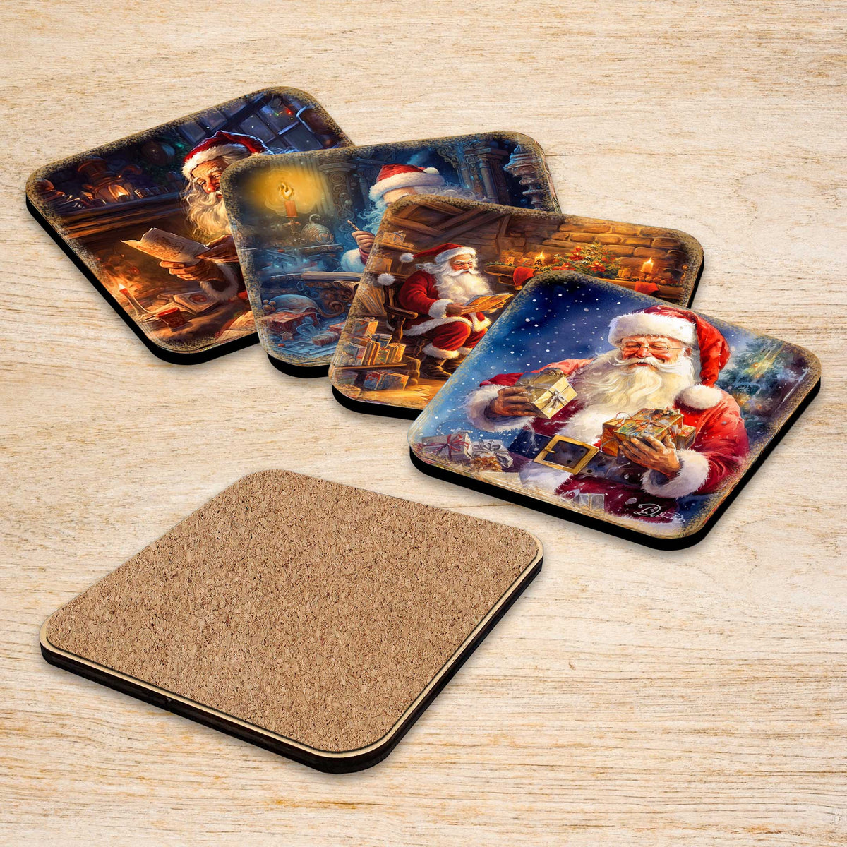 Santa Claus Wooden Cork Coasters Gift Set of 4 by G. Debrekht - Santa Christmas Decor  - 8199442C-S4