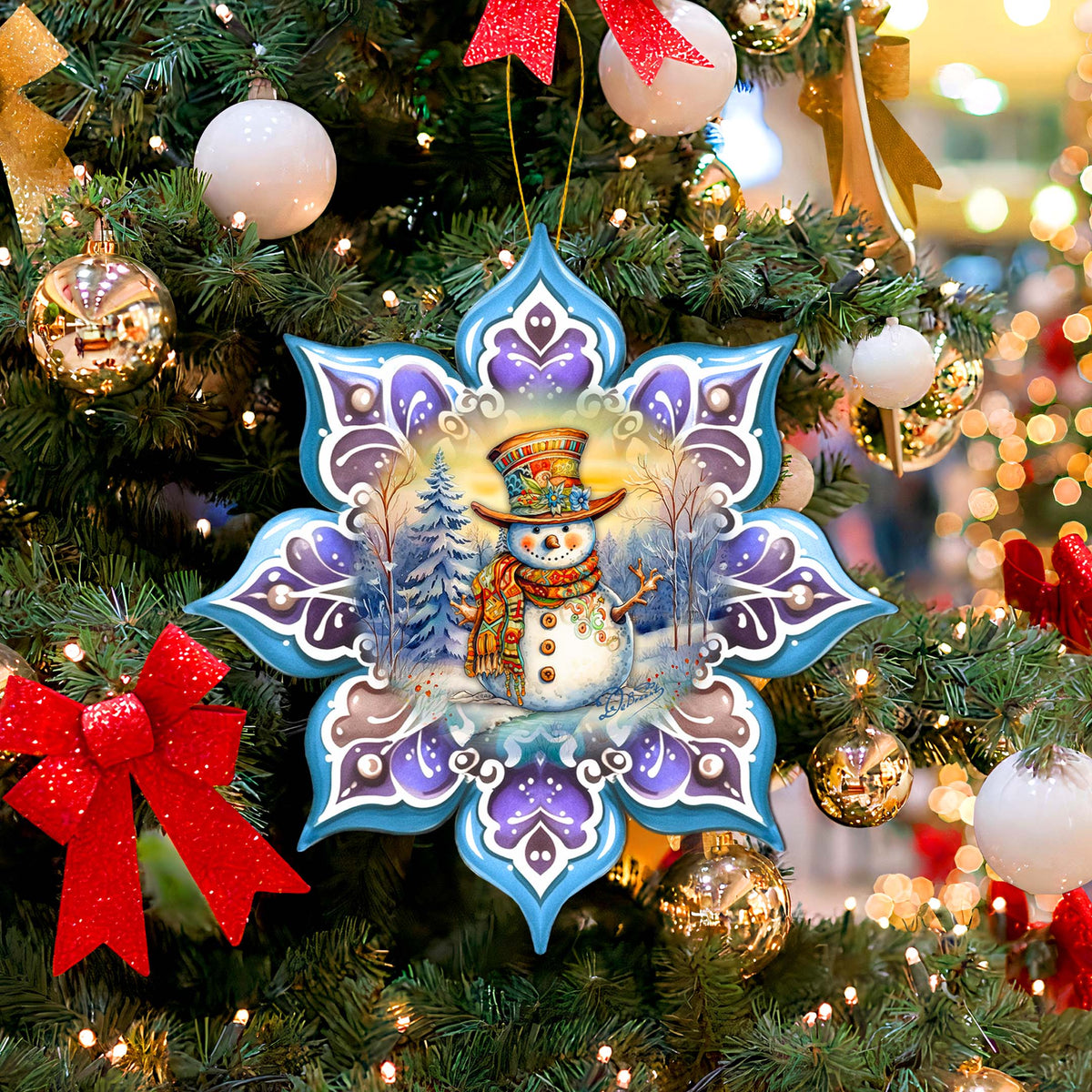 Snowman Purple Snowflake Large Wooden Ornament by G. Debrekht - Christmas Santa Snowman Decor - 8688426M