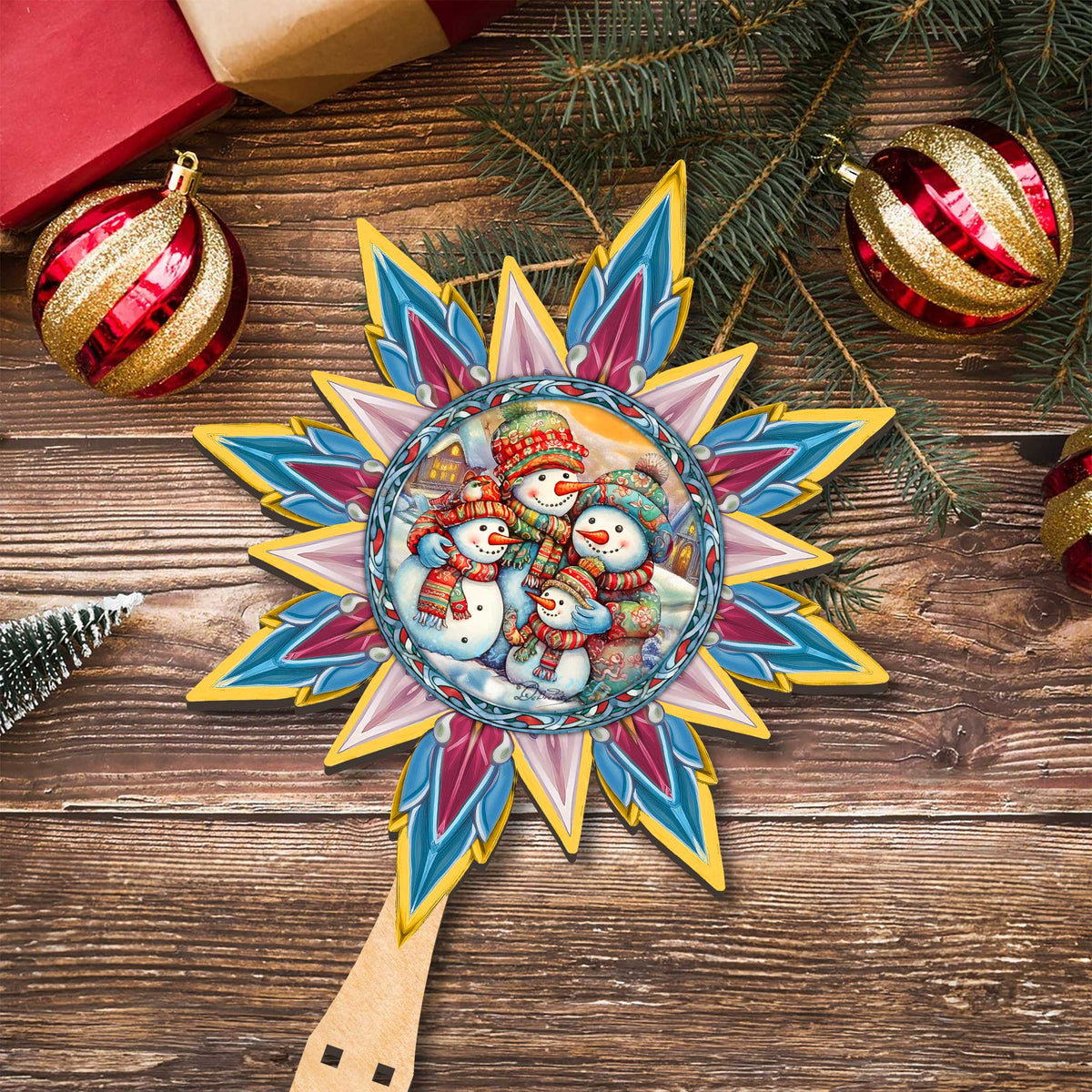 Snowman Family Star Tree Topper Wooden Decor by G. Debrekht - Santa Snowman Christmas Decor - 89511