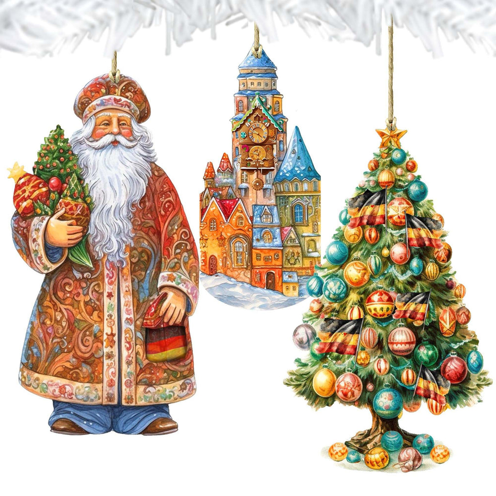 Santas Around the World - German Inspired Santa - Eco Wood Ornaments Set of 3 by G. DeBrekht Christmas Santa Snowman Decor - 8091304S3