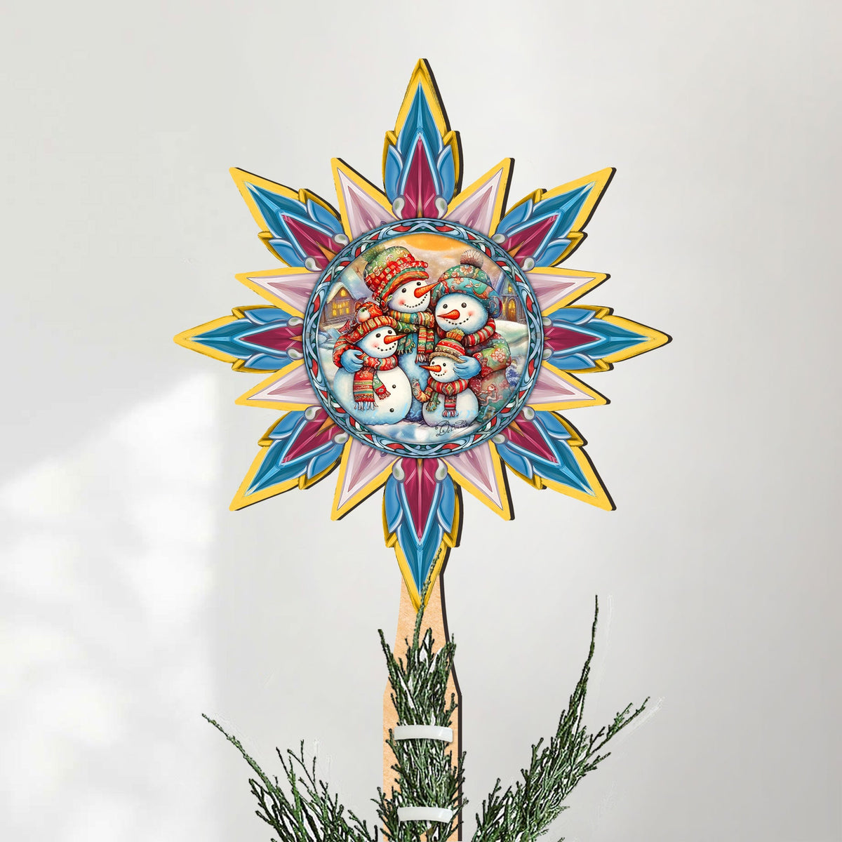 Snowman Family Star Tree Topper Wooden Decor by G. Debrekht - Santa Snowman Christmas Decor - 89511