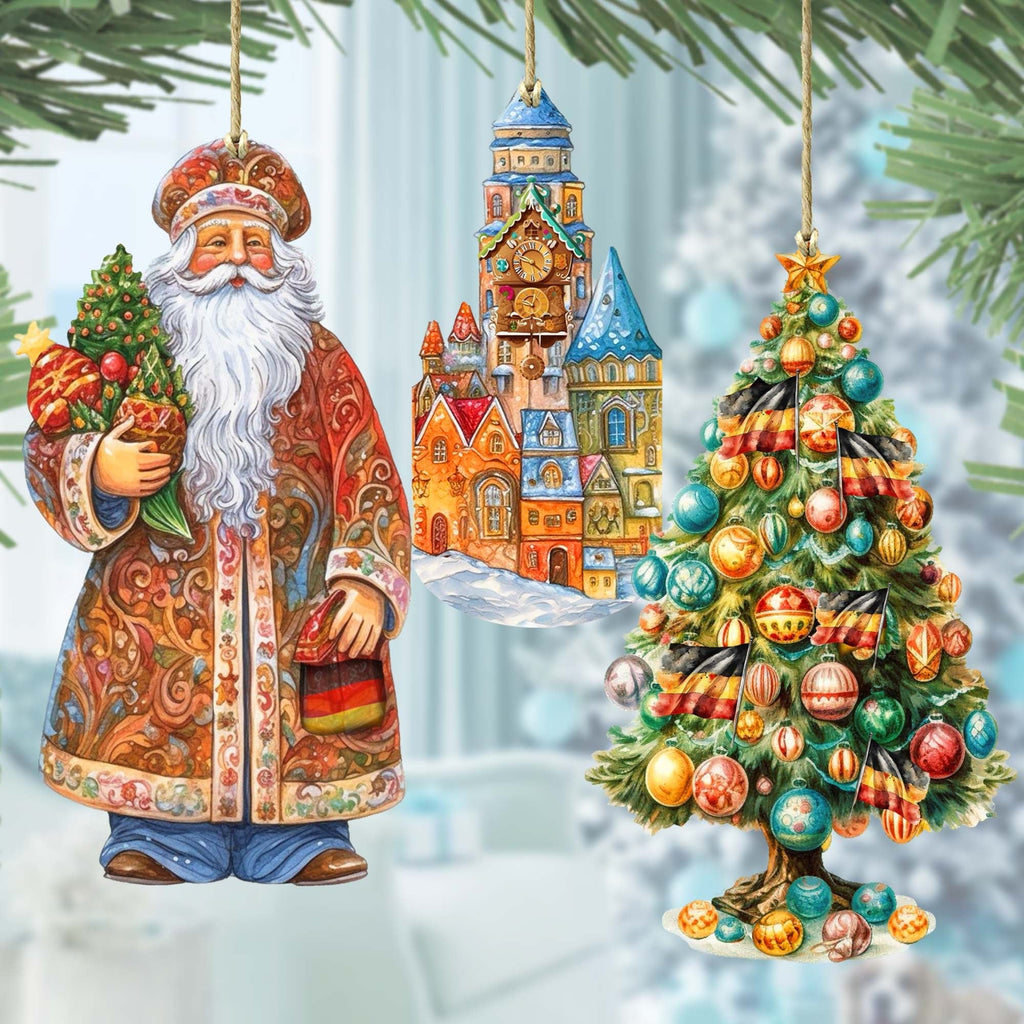Santas Around the World - German Inspired Santa - Eco Wood Ornaments Set of 3 by G. DeBrekht Christmas Santa Snowman Decor - 8091304S3