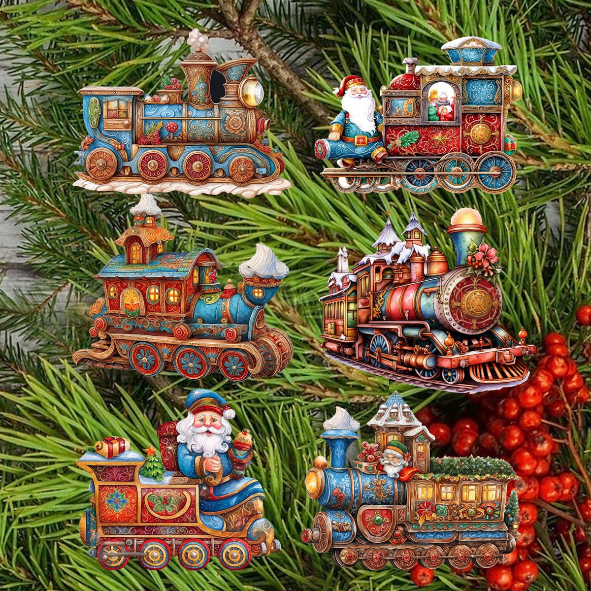 Santa Christmas Train Clip-On Eco Wood Decorative Ornaments Set of 6 by G. Debrekht - Christmas Decor - 8090123C-S6