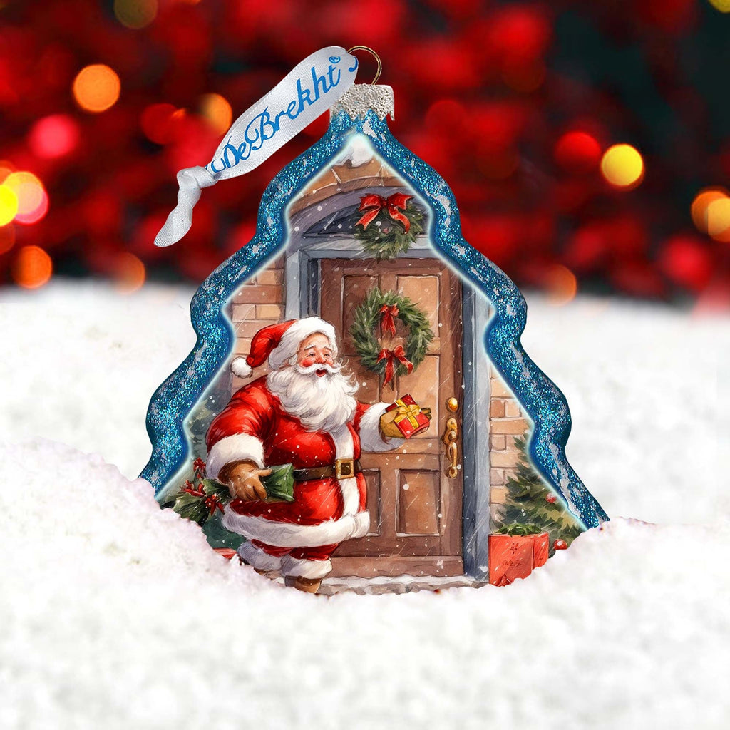 Santa Knocking at the Door Tree Glass Ornament by G. Debrekht - Christmas Santa Snowman Decor - 762-030