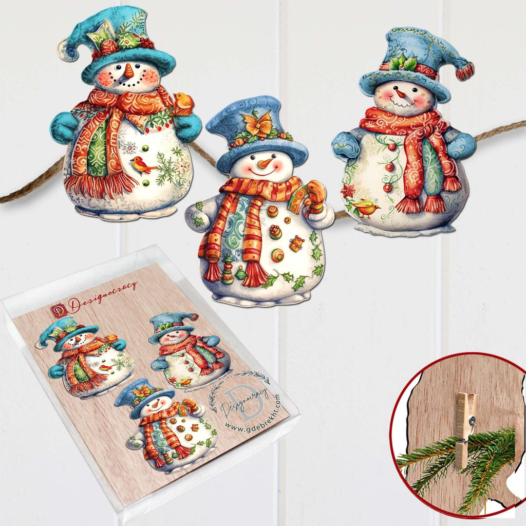 Snowman Clip-On Eco Wood Decorative Ornaments Set of 3 by G. Debrekht - Christmas Decor - 8091023C-S3