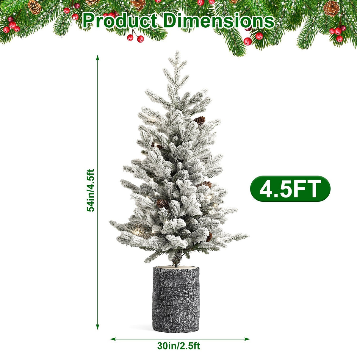 2FT Pre-Lit Flocked Christmas Tree with Pot & Pine Cones