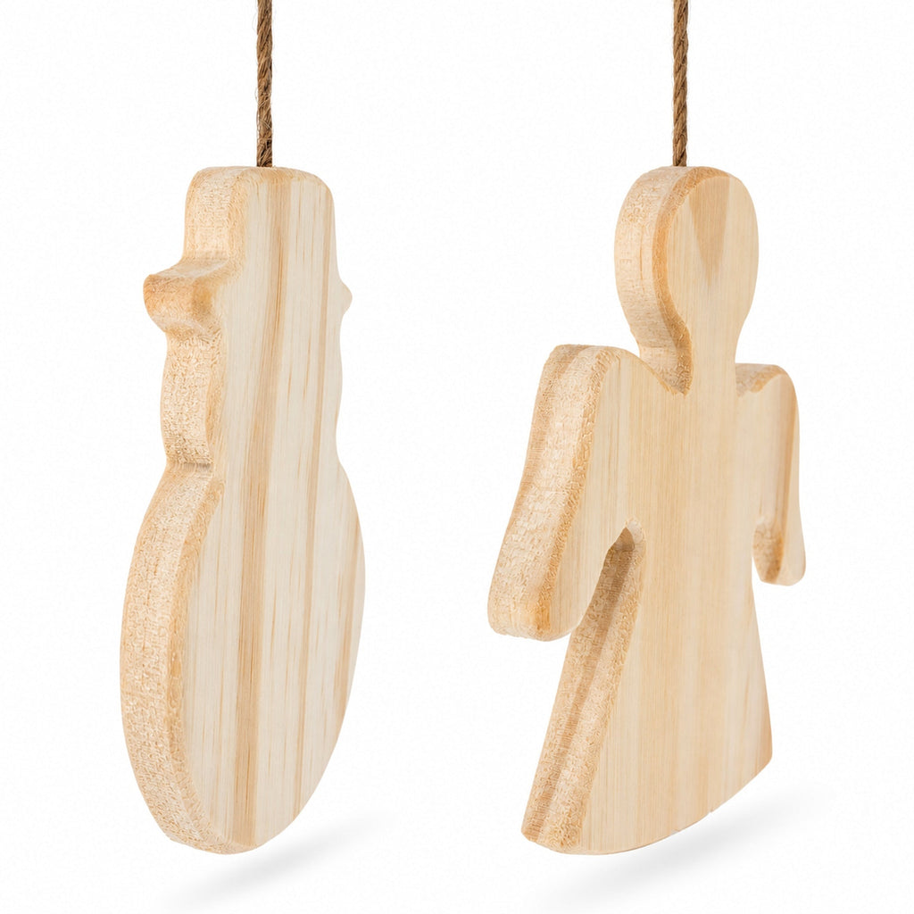 Set of 2 Unfinished Unpainted Wooden Snowman and Angel Christmas Ornaments Cutouts DIY Craft 4.5 Inches