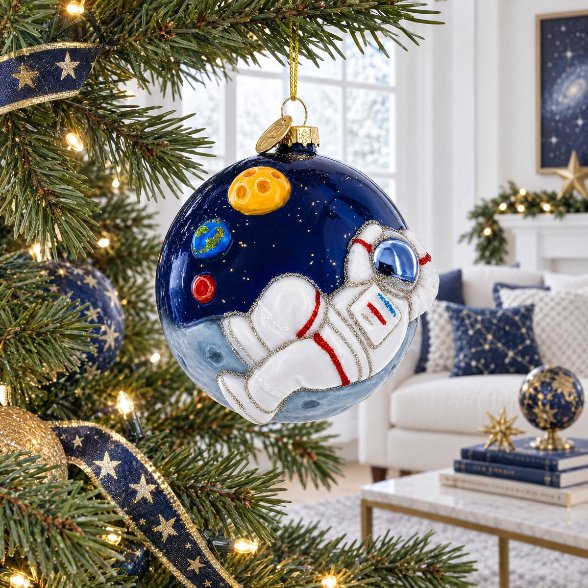 Astronaut Floating in Outer Space Glass Christmas Ornament