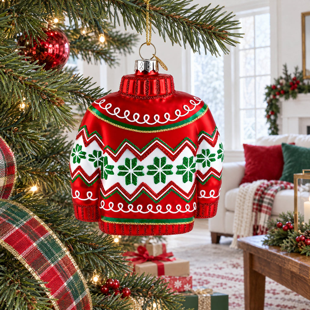 Holiday Knit Sweater with Snowflake Pattern Glass Christmas Ornament
