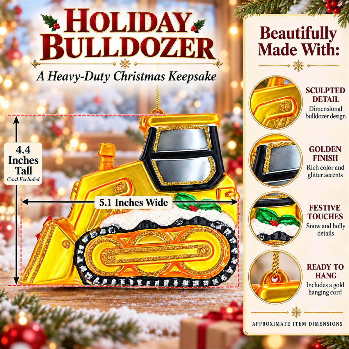 Yellow Construction Bulldozer Glass Christmas Ornament