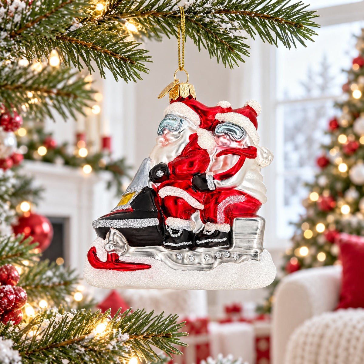 Retro Santa and Mrs. Claus on Snowmobile Glass Christmas Ornament