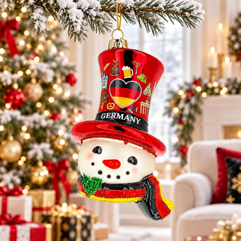 Germany Flag Red Hat Snowman Head Glass Christmas Ornament