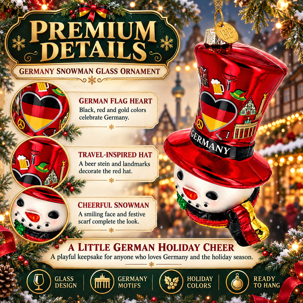 Germany Flag Red Hat Snowman Head Glass Christmas Ornament