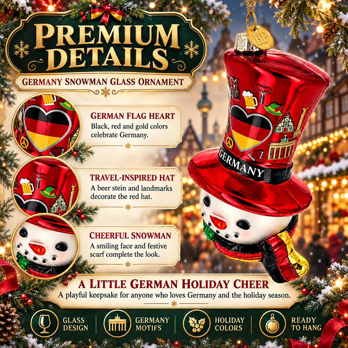 Germany Flag Red Hat Snowman Head Glass Christmas Ornament