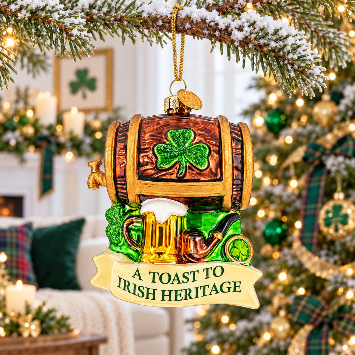 Irish Heritage Shamrock Beer Barrel And Pipe Glass Christmas Ornament