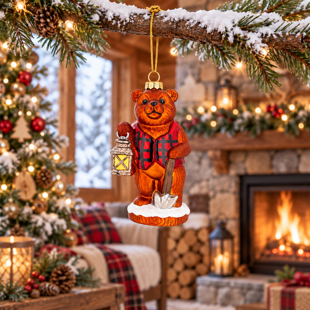 Woodland Brown Bear with Lantern Glass Christmas Ornament
