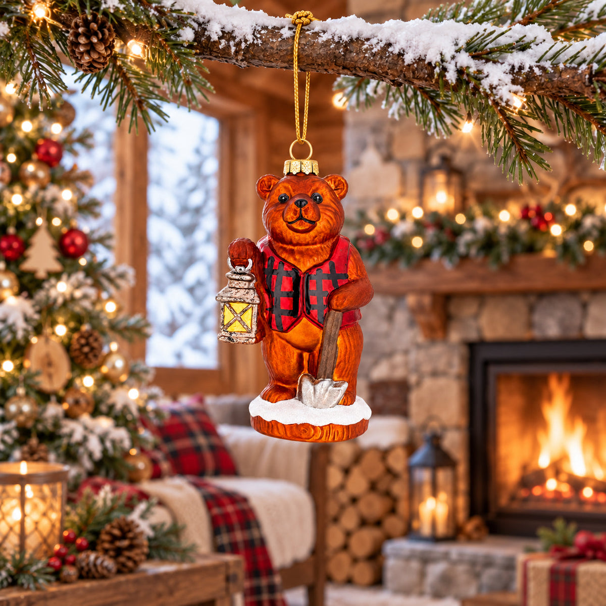 Woodland Brown Bear with Lantern Glass Christmas Ornament