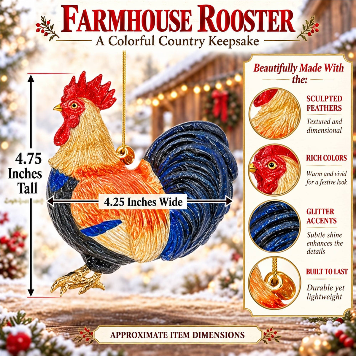 Colorful Glittered Rooster Glass Christmas Ornament
