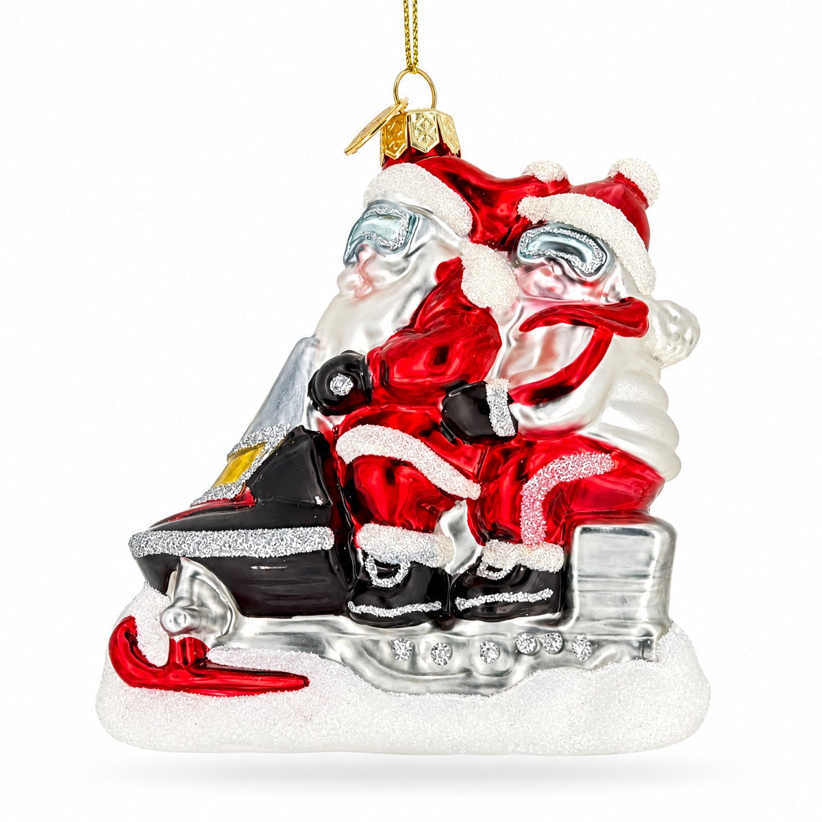 Retro Santa and Mrs. Claus on Snowmobile Glass Christmas Ornament