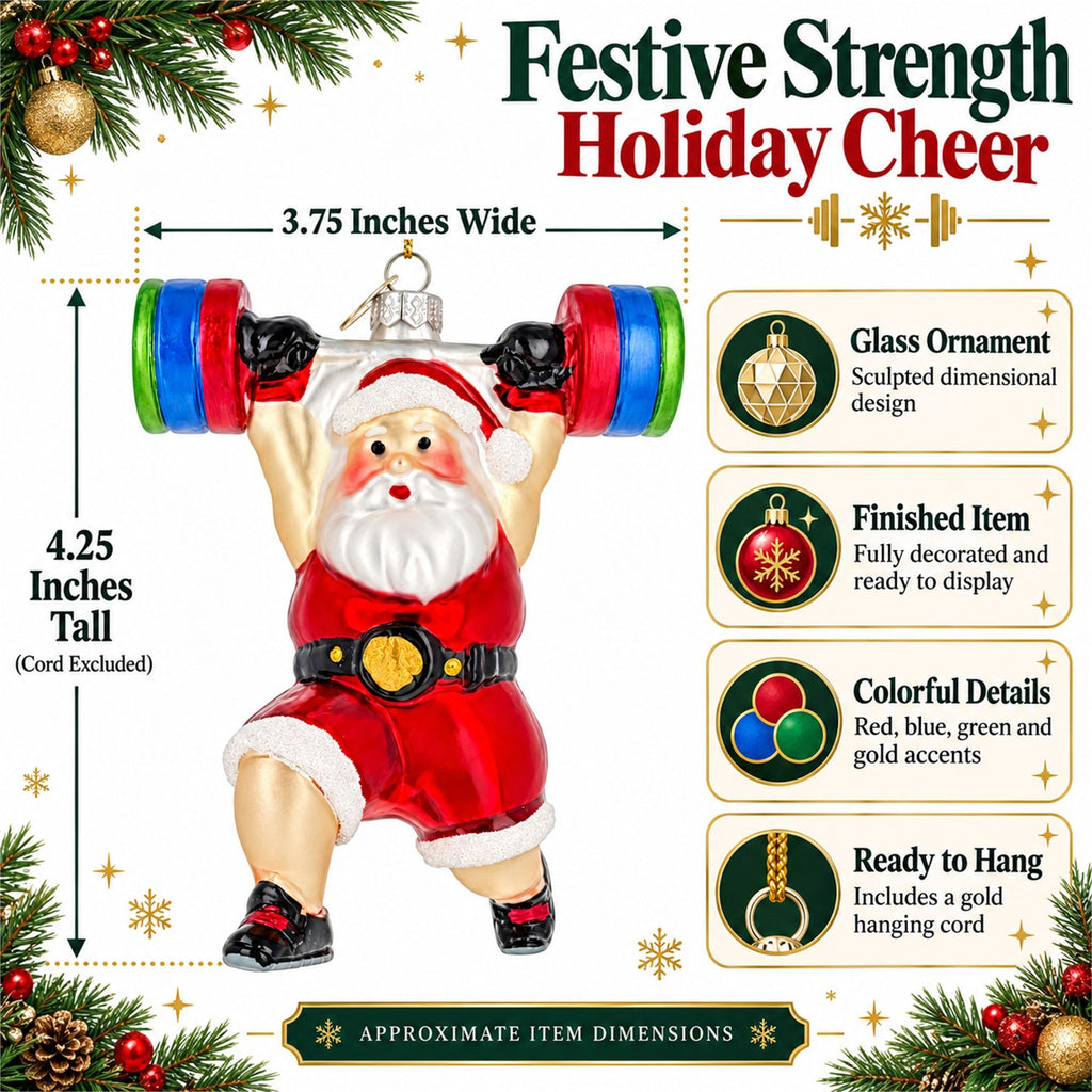 Weightlifting Santa Claus Gym Barbell Glass Christmas Ornament