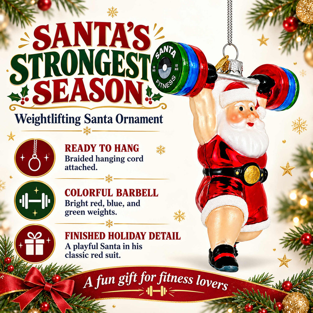 Weightlifting Santa Claus Gym Barbell Glass Christmas Ornament