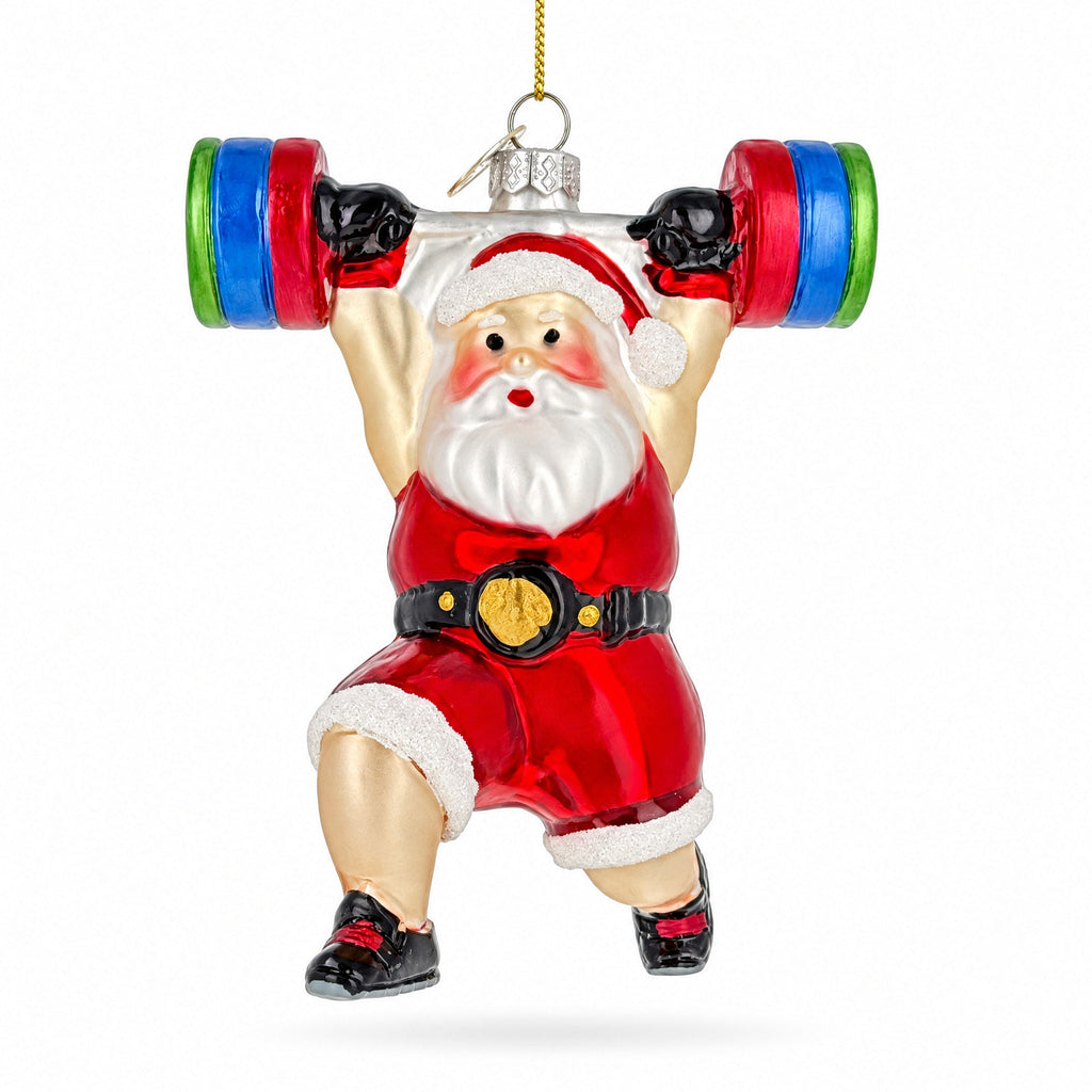 Weightlifting Santa Claus Gym Barbell Glass Christmas Ornament