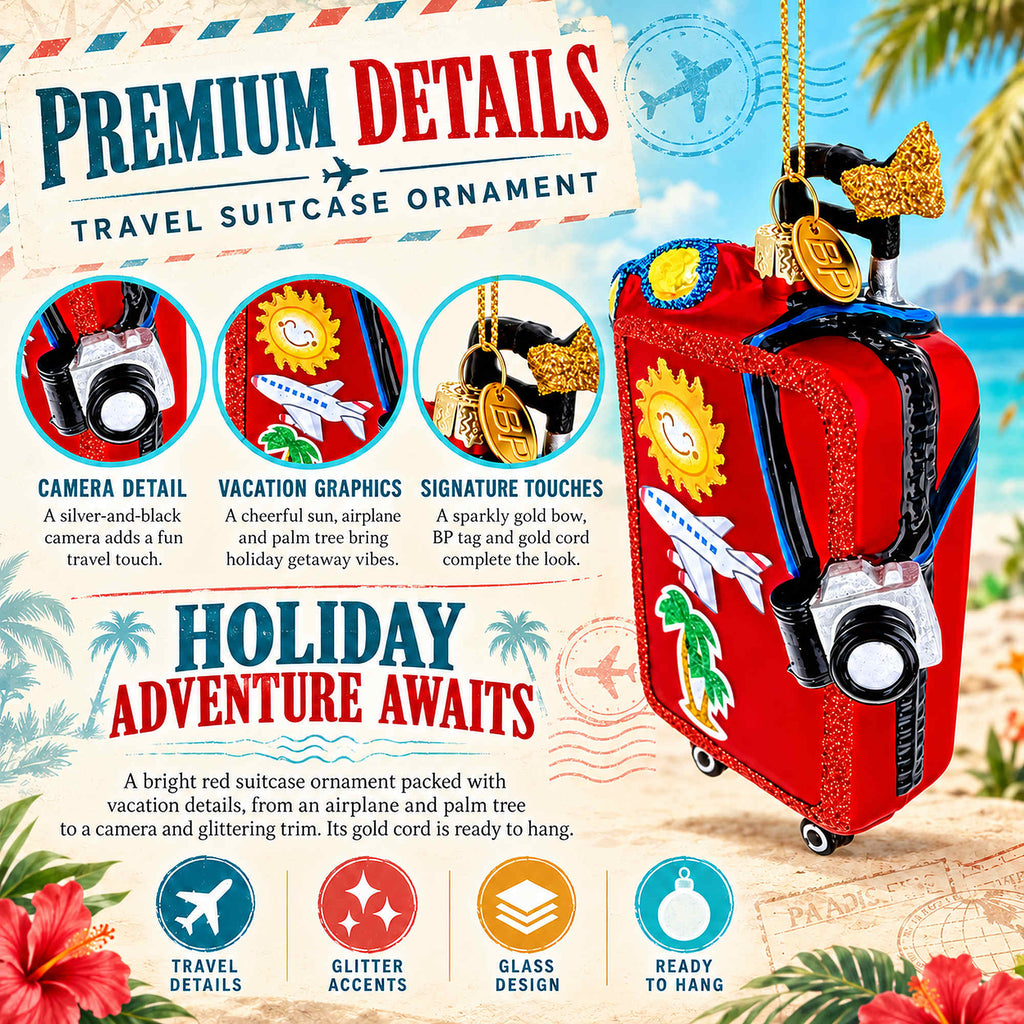 Red Travel Suitcase With Camera And Stickers Glass Christmas Ornament
