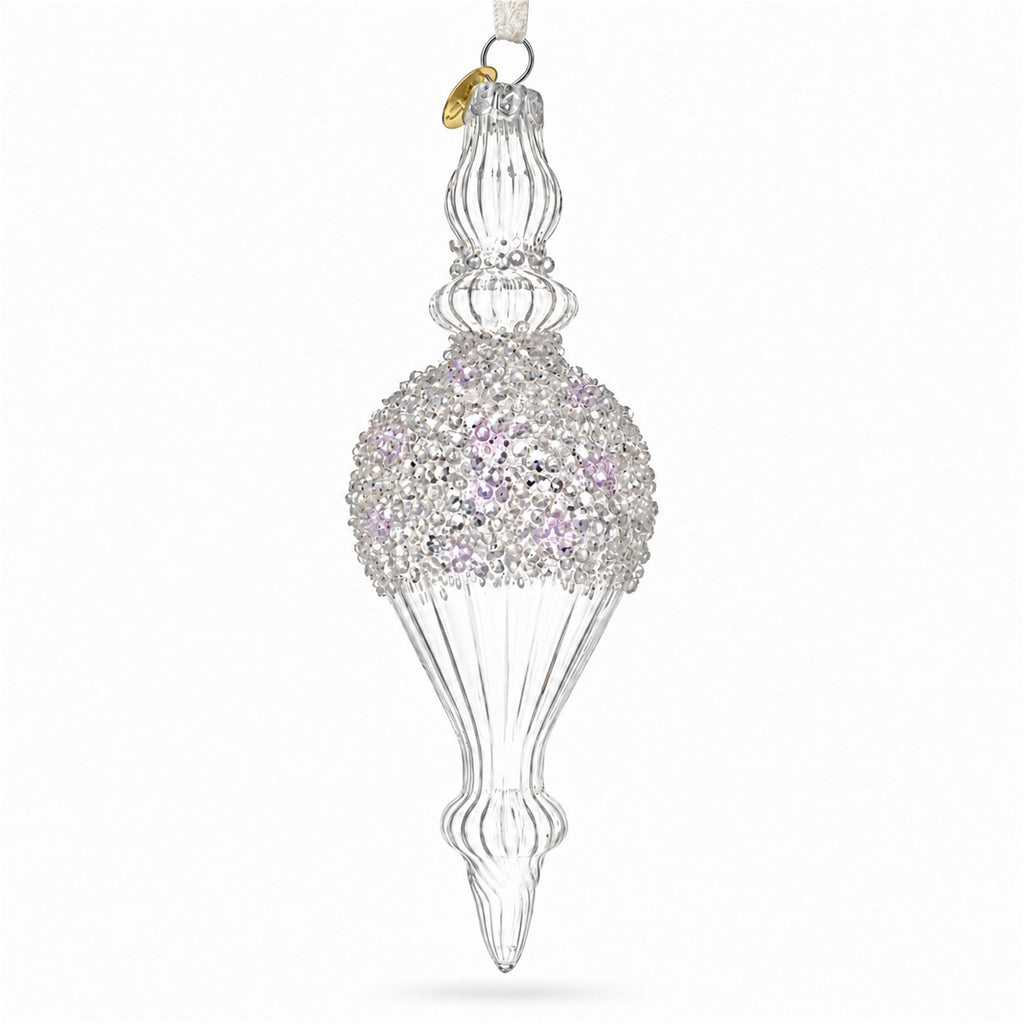 Clear Glass Ribbed Finial With Beaded Top Christmas Ornament