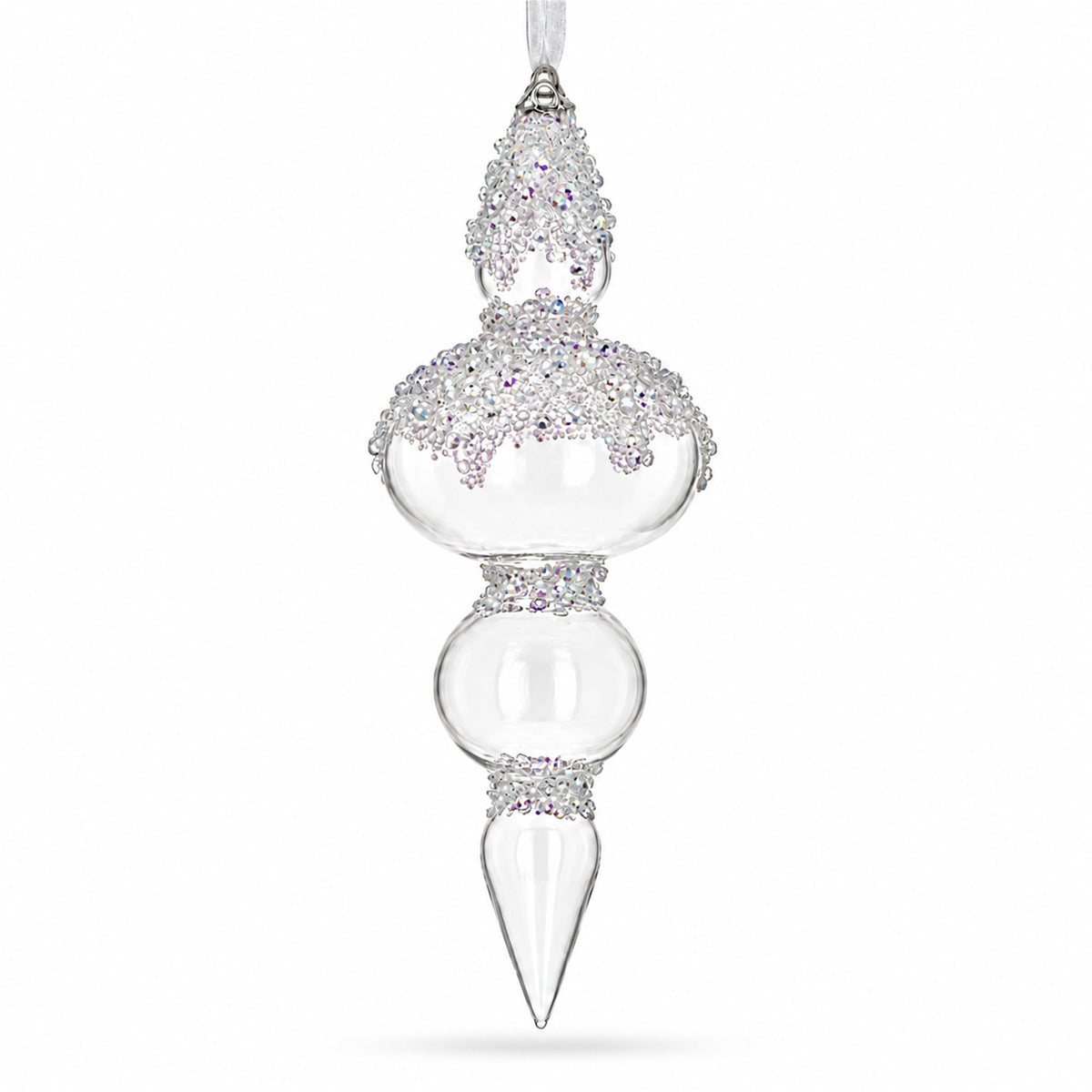 Clear Glass Finial With Frosted Ice Beading Christmas Ornament