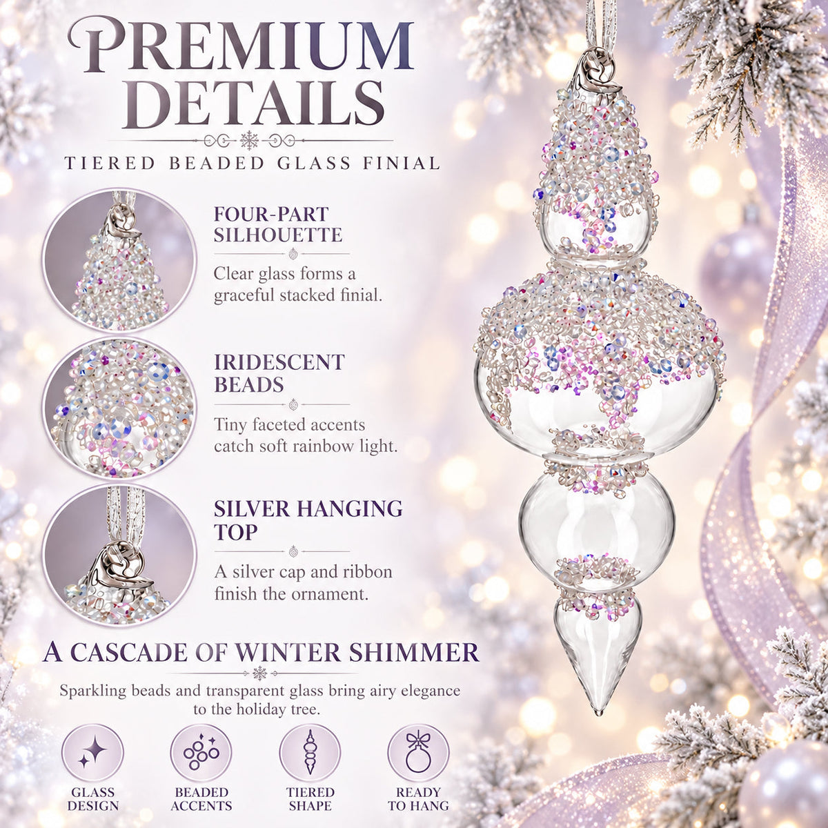 Clear Glass Finial With Frosted Ice Beading Christmas Ornament