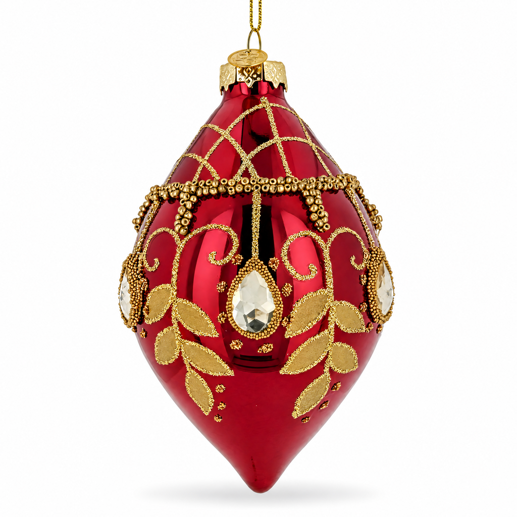 Burgundy Glass Drop Gold Leaf Crystal Christmas Ornament
