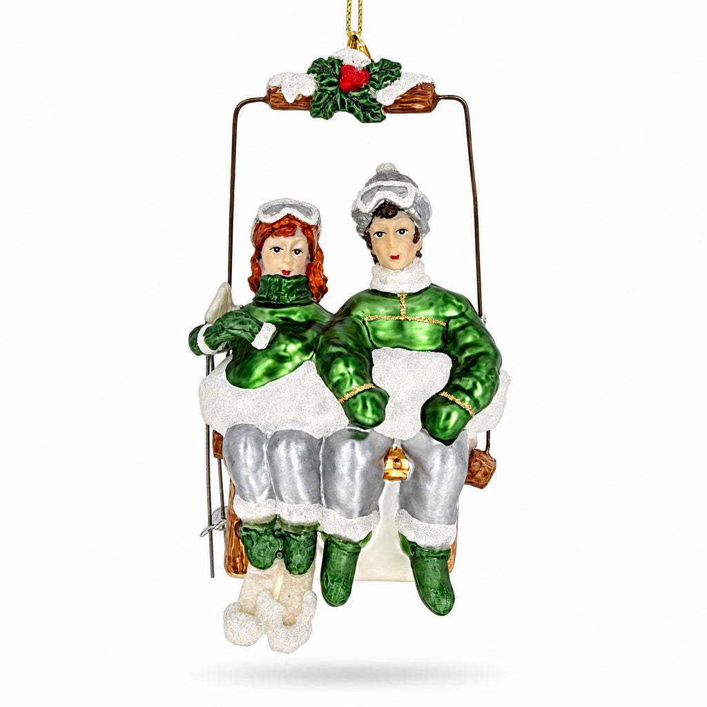 Retro Vintage Ski Lift Couple Glass Christmas Ornament