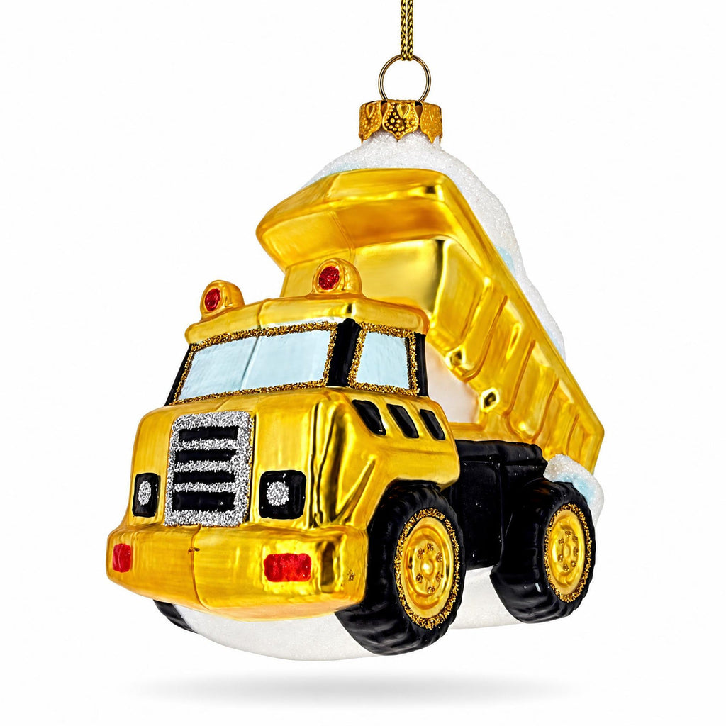 Yellow Construction Dump Truck Glass Christmas Ornament