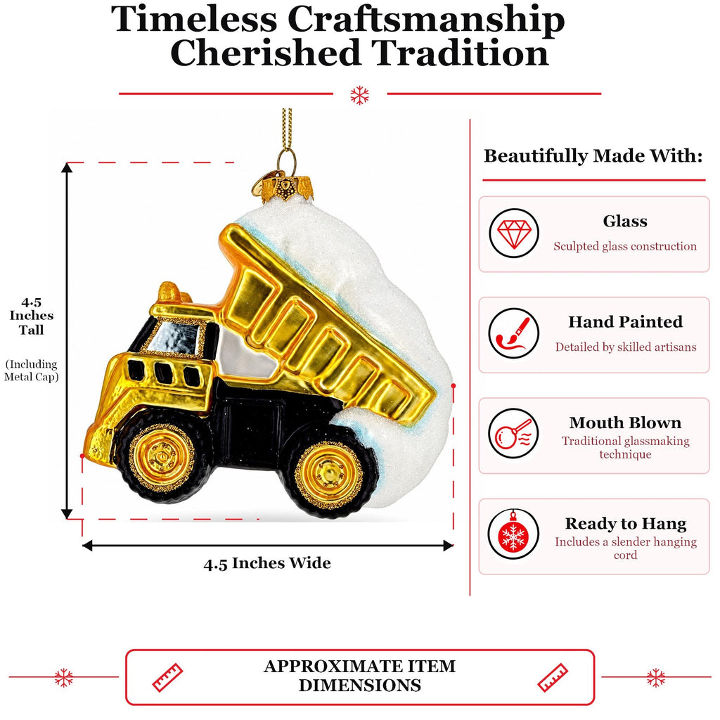 Yellow Construction Dump Truck Glass Christmas Ornament