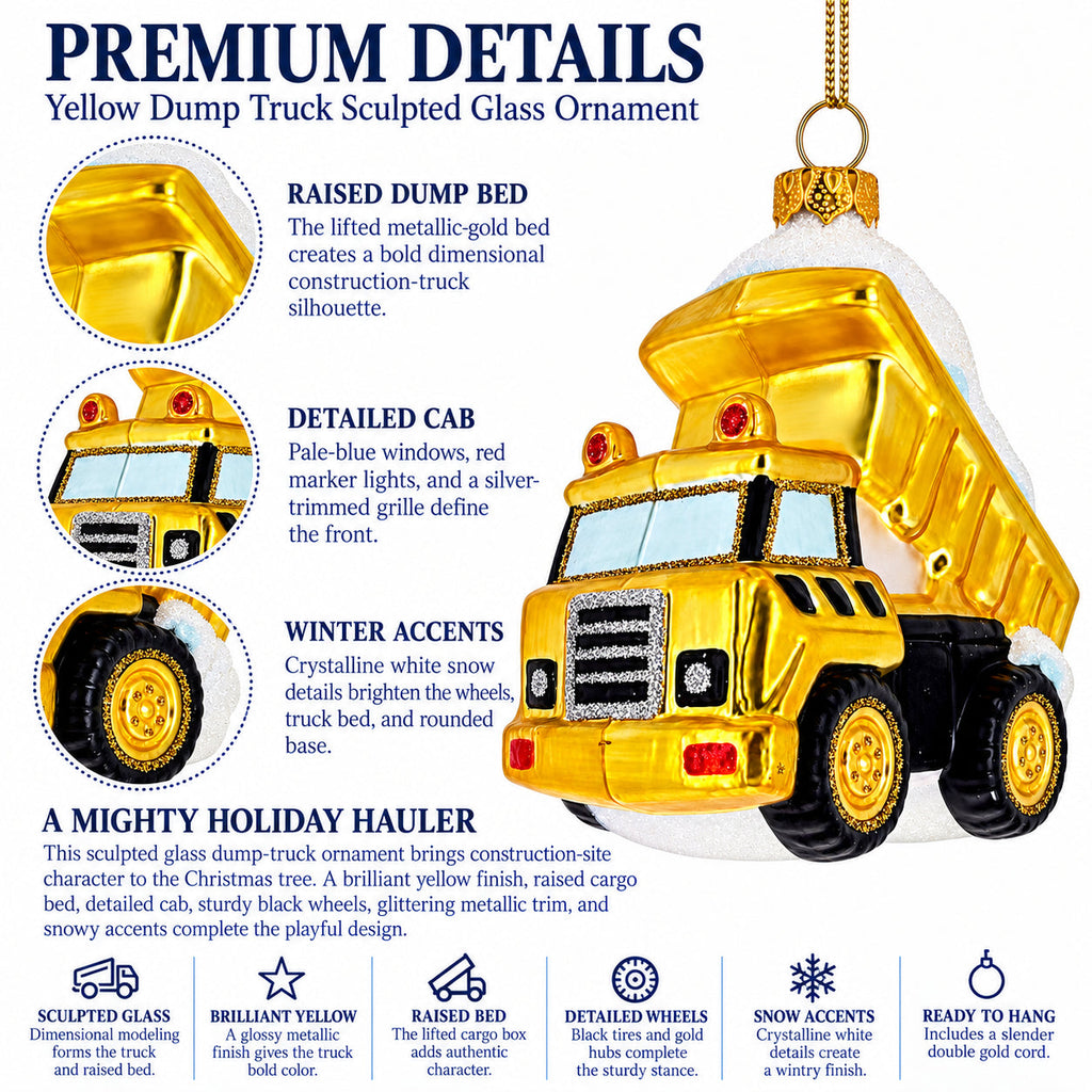 Yellow Construction Dump Truck Glass Christmas Ornament