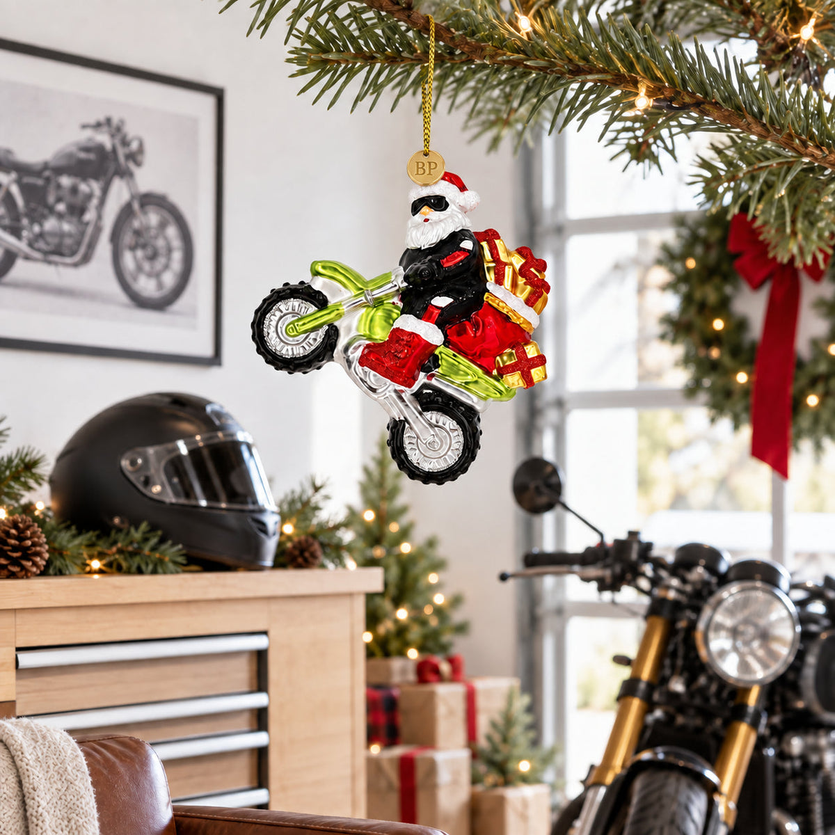 Biker Santa on Dirt Bike Motocross Glass Christmas Ornament