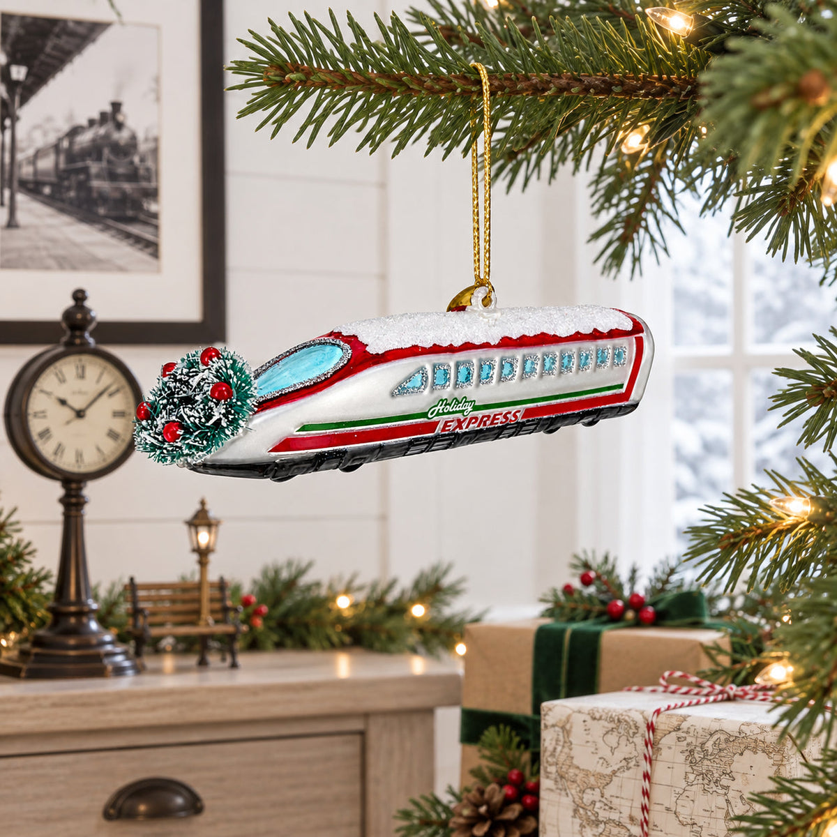 Bullet Train Express Glass Christmas Ornament