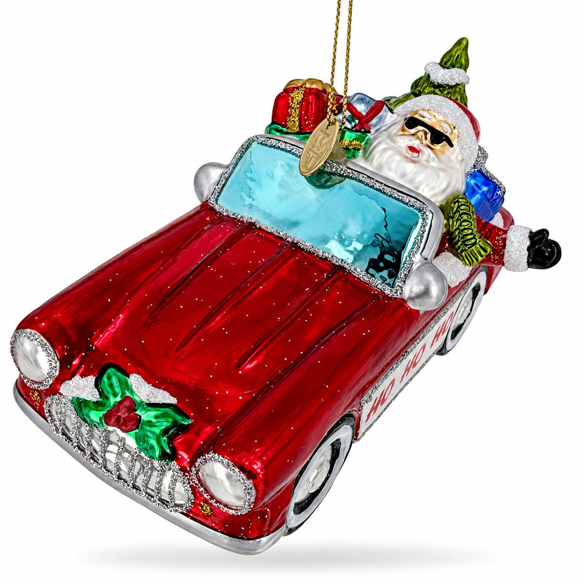 Santa's Vintage Red Convertible Car Glass Christmas Ornament