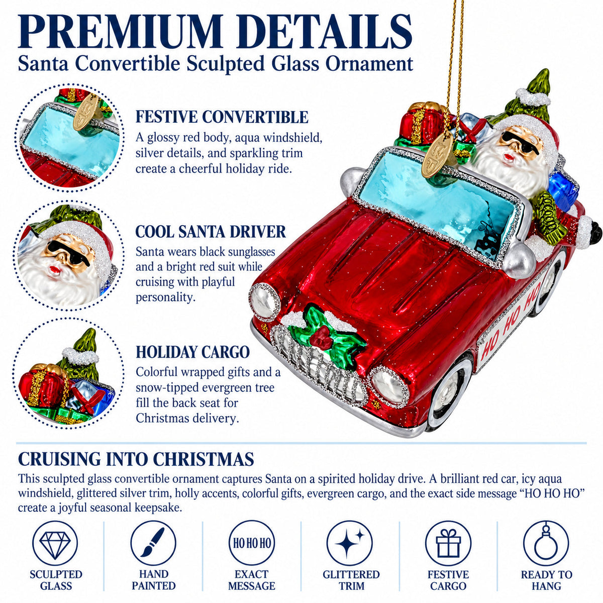Santa's Vintage Red Convertible Car Glass Christmas Ornament