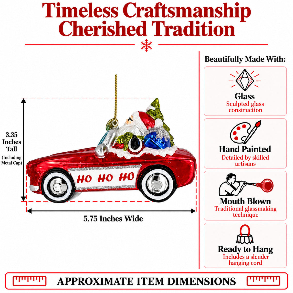 Santa's Vintage Red Convertible Car Glass Christmas Ornament