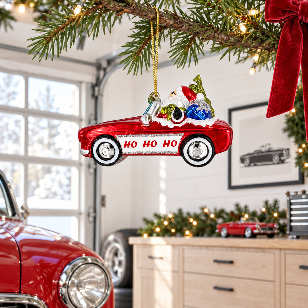 Santa's Vintage Red Convertible Car Glass Christmas Ornament